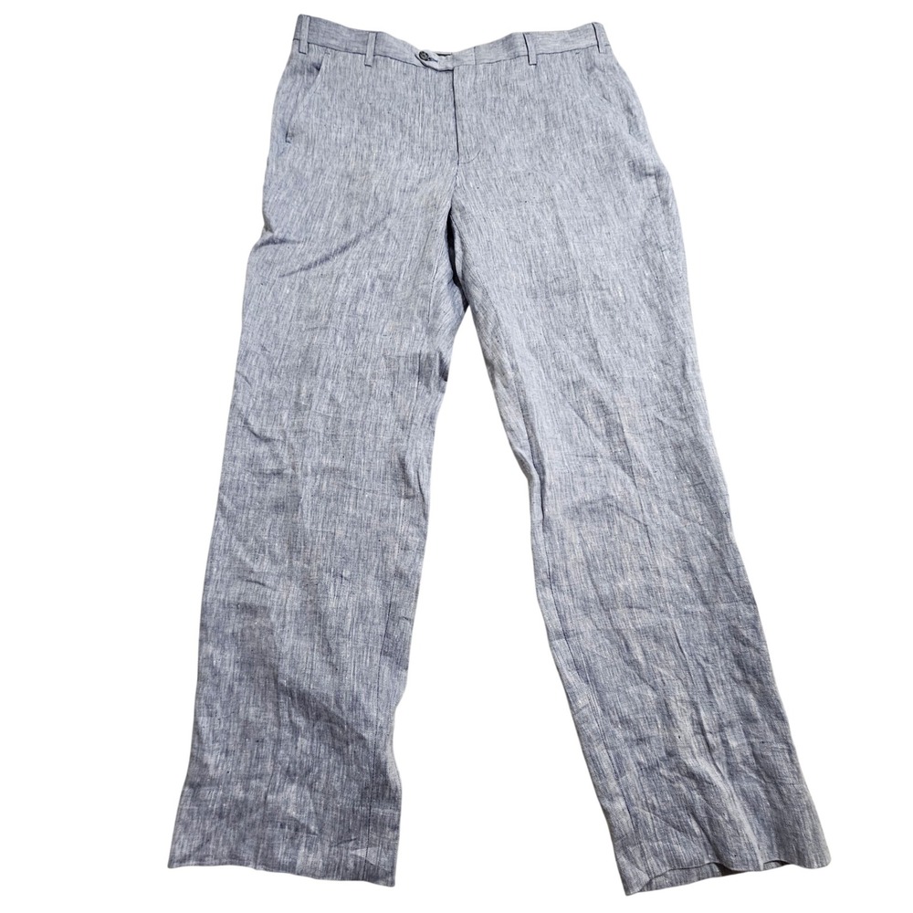 Corbin Linen Trousers 38R Blue Herringbone Flat Front Straight Leg Pants